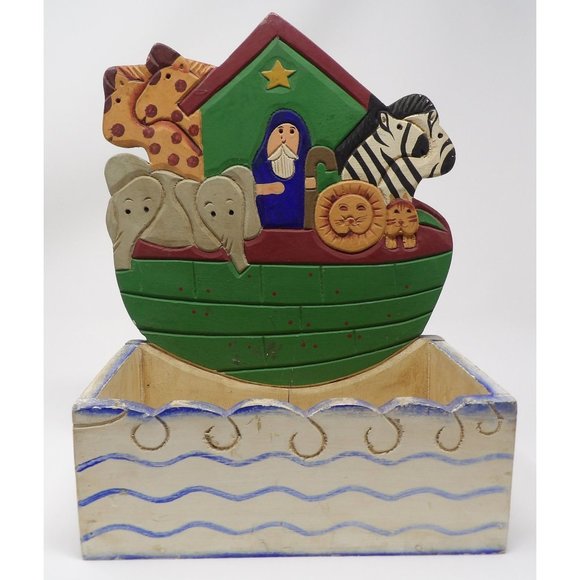 Vintage 1996 Figi Graphics Noah's Ark Wooden Folk Art Painted Standing Storage B - Picture 5 of 10